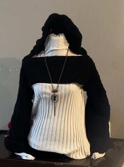 Black crochet crop top with hood